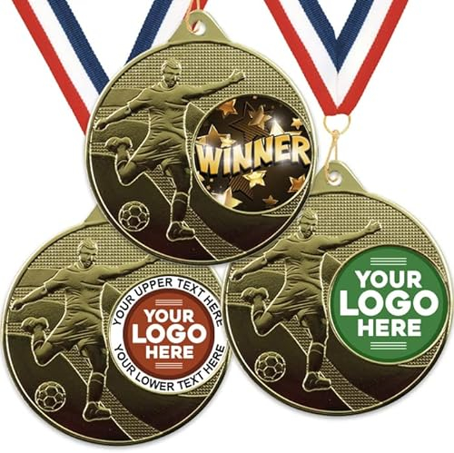 Trophy Monster Pack of 10x Metal 50mm Gold Embossed Football Winner Medals & Ribbons Standard emblem or your logo FREE | Personalised | Bulk Pack Quantity Deals 50,100,250 or 500 |
