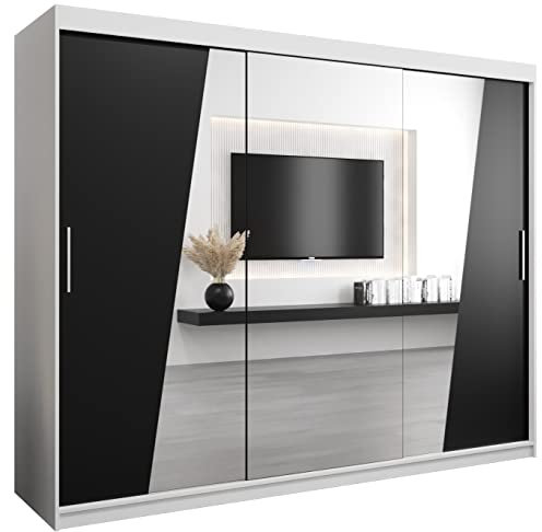 MEBLE KRYSPOL Rhomb250 Schlafzimmerschrank mit DREI Schiebetüren, Spiegel, Kleiderstange und Regalen – 250x200x62cm - Mattweiß + Mattschwarz