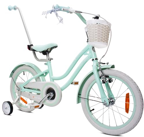 sun baby Mädchenfahrrad 16 Zoll Radgröße Heart Bike zur Auswahl, mit Abnehmbarer Schubstange, Kinderfahrrad für Mädchen von 2 bis 6 Jahre (Silver Moon Mint, 16 Zoll)
