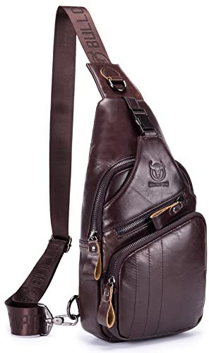 BULLCAPTAIN Herren-Schultertasche aus echtem Leder, mehrere Taschen, Brusttasche, Outdoor, Wandern, Reisen, Tagesrucksack, Kaffee, Casual