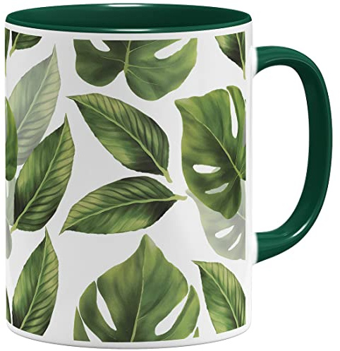 OM3® Pflanze Monstera Kaffee-Tasse mit Pflanzenmotiv Tasse Leaf Blätter| Keramik Becher | 11oz 325ml | Rundumdruck | Grün