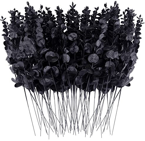 FEQO 72 Stück Künstliche Eukalyptus Zweige Blätter Eukalyptusblätter Deko Eukalyptus Künstliche Pflanzen Künstliche Eukalyptusstiel für Hochze, Party, Home Dekoration Zubehör, Schwarz