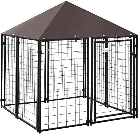 PawHut Perrera de Exterior con Techo 141x141x153 cm Corral para Perros de Jardín Parque para Mascotas con Malla de Metal y Puerta con Cerradura para Terraza Balcón Patio Negro