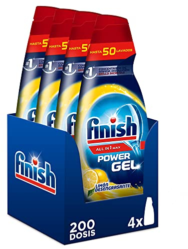 Finish All in 1 Max Power Gel Limón Desengrasante, Detergente Gel para el Lavavajillas, 200 dosis (4 botellas de 50 dosis)