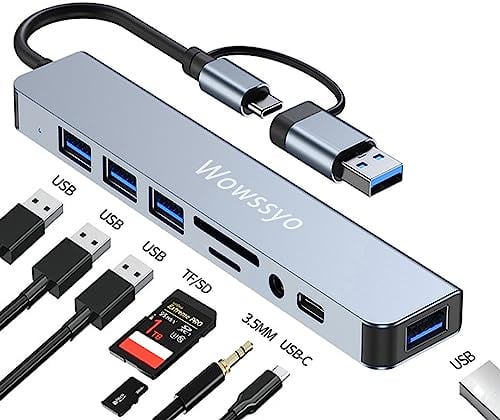Wowssyo USB C Multiport Hub 8 en 1, Adaptador USB C a USB, USB 3.0/2.0, SD/TF, Audio, USB-C Data, Docking Station hub para teléfono móvil iPad Macbook DELL Laptop Windows PC & Otros Dispositivos.