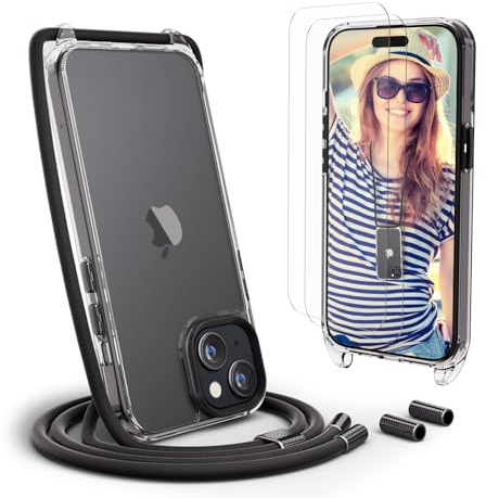 UYMO Handykette Hülle mit Band Für iPhone 15 6.1 - Necklace Transparent Handyhülle Case mit Strap Schnur Abnehmbar, Schutzhülle zum Umhängen Kordel, Schwarz
