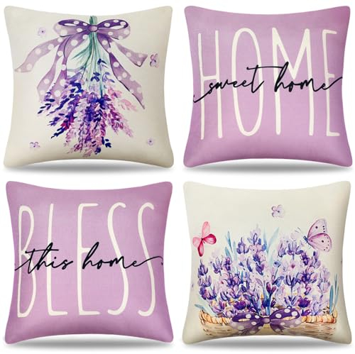 Kissenbezug Leinen Lila Blumen Muster Dekorativer Kissenhülle 45 x 45 cm Lavendel Blumenkorb Sofakissen Dekokissen Modern Frühling Sommer Pflanze für Sofa Garten Draußen oder Drinnen 4er-Set
