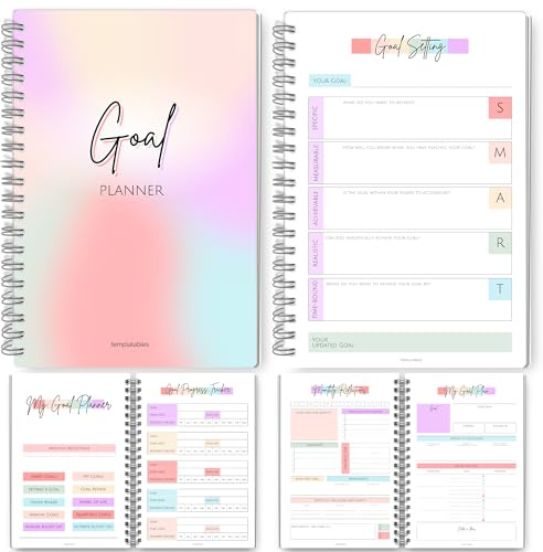 Goal Planner | Kit di impostazione degli obiettivi intelligente per il nuovo te, abitudini mensili, riflessioni e schede di visione | arcobaleno pastello A5