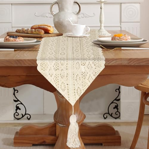 LPAMABA 24cm x 180cm Tischläufer Boho Makramee, Beige Vintage Table Runner Boho Mit Fransen Spitze Abwaschbar Boho Tischläufer Quasten für Landhausstil Hochzeit Geburtstag Dekorativ