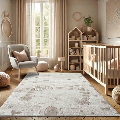 payé Teppich Kinderzimmer 120x160cm - Pastell Beige Creme - Kurzflor Spielteppich mit Einer niedlichen Katze - Motiv