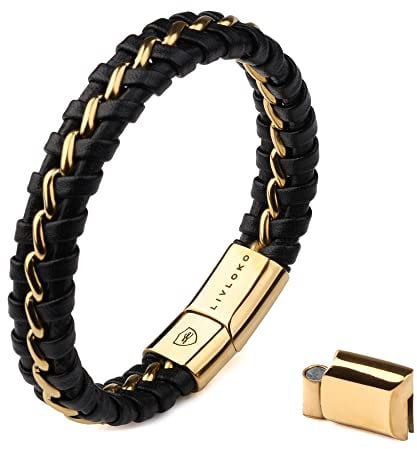 LIVLOKO Mens Bracelet Leather Black Multi-Layer Bracelet for Men Magnetic Clasp Rope Wristband Mens Gift for Boyfriend (Medium to Large 20-22cm, E. Leather Black Gold Bangle)
