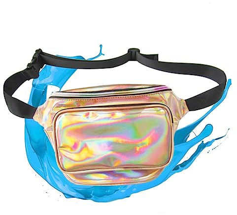 LIFKOME wasserdichte Holografische Damen Bauchtasche Goldton Mit Frontfach Vielseitige Hüft Brusttasche Aus Robustem Pu-Leder Reflektierend Leicht Für Alltag Festival Und Reisen