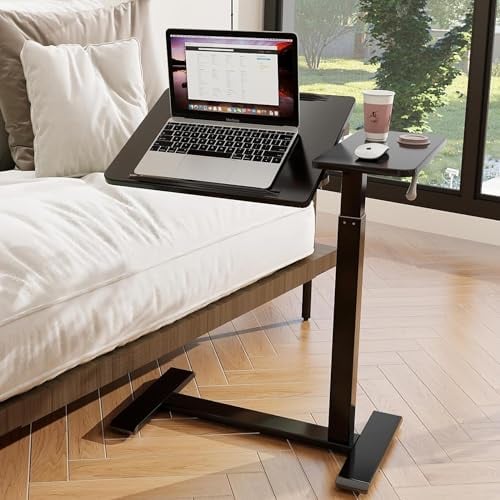 PUNCIA Adjustable Pneumatic Overbed Table with Wheels Split Top Tilting Bedside Bed Table with Tray Rolling Laptop Computer Standing Desk Cart Height 69.5-102cm