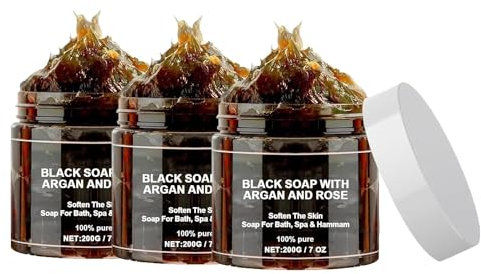 Savon noir douche, savon noir à l’argan et à la rose, savon exfoliant marocain pour tous les types de peau, entièrement naturel, nettoyant, exfoliant