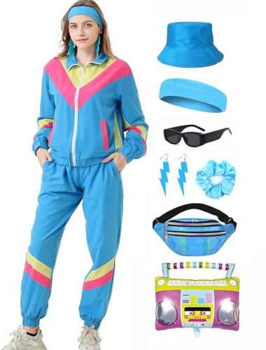 Coseaon 80er 90er Jahre Outfit Damen Trainingsanzug Jacke Hose Anzug 80er Retro Kleidung Accessoire 80s Kostüm Halloween Karneval Party (Blau, S)