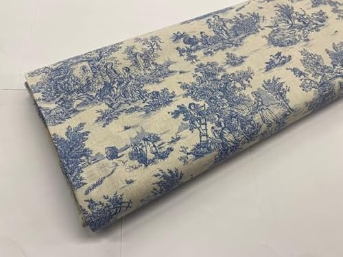 Tissu toile de jouy, 100 % popeline de coton, tissus de décoration, tissus de travail, tissus au mètre, 1 m x 150 cm (bleu)
