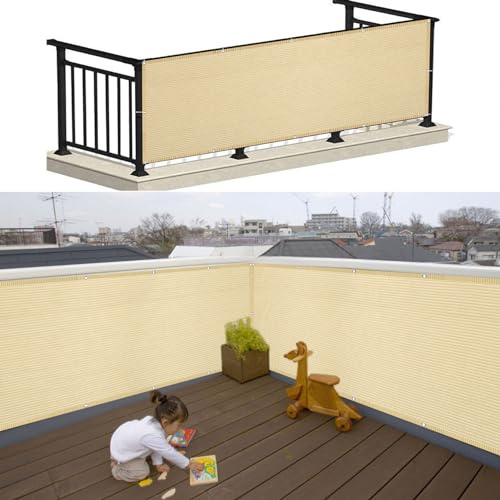 Balkon Sichtschutz Ohne Bohren 40 x 700 cm Blickdichte Wind Uv-Schutz Balkonsichtschutz Balkonverkleidung mit Ösen Kabelbinder Und Kordel für Balkongeländer, Terrasse Garten, Creme Farben