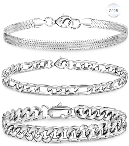 Rajputana Sterling-Silber-Kettenarmbänder für Männer und Jungen, S925-Armband, kubanische Figaro-Ketten, Metallgliederarmband-Set, Stapel, Schmuck, Geschenke für ihn, männliche 7,5 Zoll(19cm)