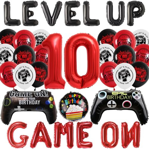Video Game 10th Birthday Decorations - 36 Pieces Boy Birthday Decoration Level Up Letter Red Number 10 Game on Foil Balloons Game Controller Happy Round Balloon for Boys Girl Kids Gamer Party Supplies