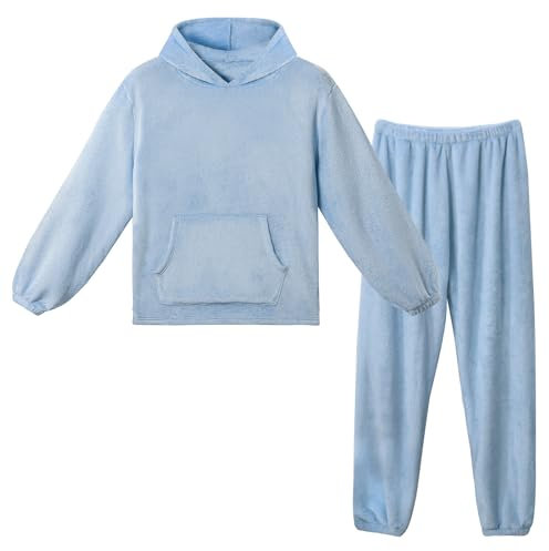 LACOFIA Pigiami in Pile Due Pezzi da Donna Pigiama Set Invernale con Cappuccio Abbigliamento Caldo da Notte a Maniche Lunghe Adulto Pigiama di Coppia Azzurro XL