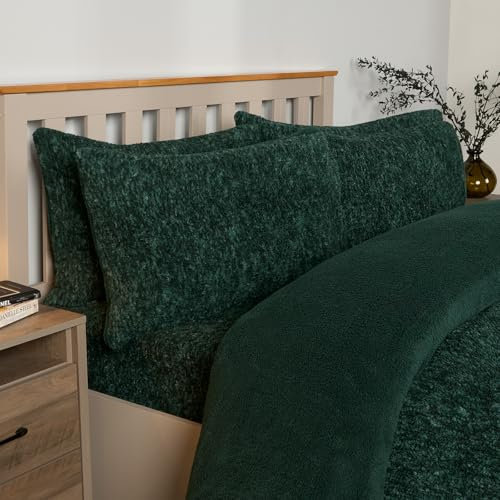 OHS Fleece Duvet Cover Double, Teddy Marl Bedding Cover Bed Set Luxury Super Soft Comfy Quilt Cover Thermal Winter Warm Double Duvet Set with Pillowcases - Forest Green