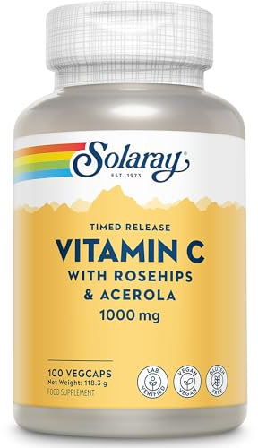 Solaray - Vitamina C 1000mg Rilascio Graduale - 100 Capsule Vegane - Integratore Vit C con Acido Ascorbico, Acerola e Rosa Canina - Verificata in Laboratorio