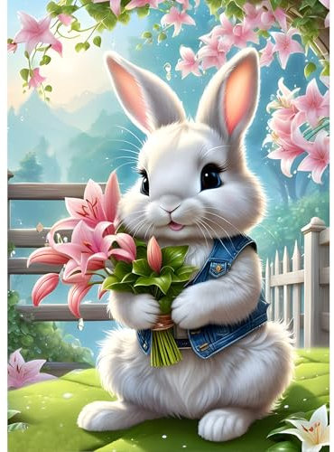 DPHERO DIY Weißes Kaninchen Diamant Painting Bilder für Erwachsene Anfänger,5D Ostern Diamond Painting Set,DIY Blumen Runde Steine Diamant Kunst Kits, Diamant Painting für Zuhause Dekor 30x40 cm