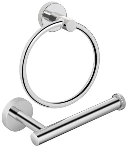 Towel Ring & Toilet Paper Holder, 2 Piece Bathroom Hardware Set, Stainless Steel SUS304, Hand Towel Hanger & Toilet Roll Holder, Sturdy Bathroom Accessories for Home or Kitchen Chrome