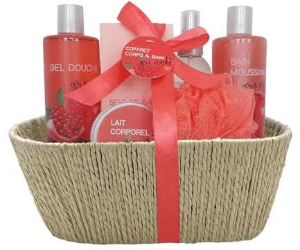 French Tendance - Coffret Soin Grenade - Bain Moussant 300ml, Gel Douche, Lait Corps, Brume, Sels de Bain - Cadeau Femme Beauté, Soin Corps, Bien Etre - Kit Cocooning Panier Grenade