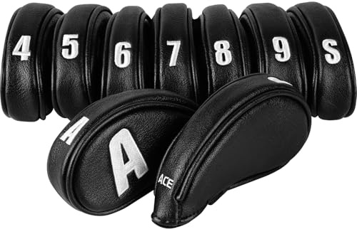 Craftsman Golf 9pcs/set Black Iron Headcover Set Elastic Closure Suitable for Right and Left Handed Golfer with Large and Clear White No.