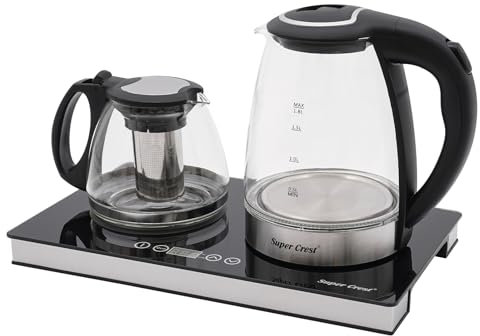 Wasserkocher Glas, 1800 W, Doppelflammiger Elektrischer Wasserkocher, 1.8L Wasserkocher +1L Teekanne, LCD Electric Kettles mit Warmhaltefunktion, 70-80℃, Schwarz