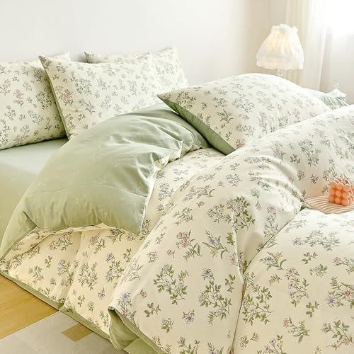 Nayoroom Bettwäsche Baumwolle 140x200 Blumen Weiß mit Grün Blätter Rosa Blumen Muster Bettbezug Set 2 Teilig Aesthetic Pflanzen Botanisch Wendebettwäsche Reißverschluss und 1 Kissenbezug 70x90 cm
