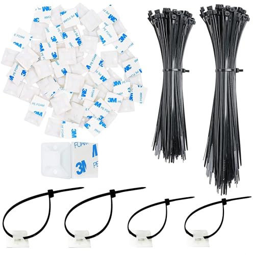 200 Stück Kabelbinder Set 120mm/150mm und 100 Stück Selbstklebend, Kunststoff Klebesockel Basishalter für Kabelbinder abelbefestigung (Schwarz)