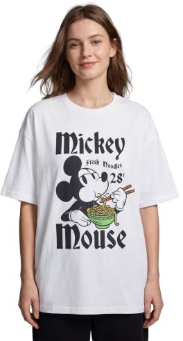 Disney Mickey Mouse Women's Graphic Tee | Classic White Mickey Mouse Fresh Noodles 28 Cartoon T-Shirt | Plain Short Sleeve Top for Casual Wear Mickey Mouse Crew Neck Pull-On Shirt