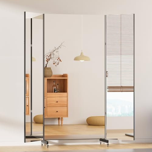 brisafe Miroir Pleine Longueur, 180 x 180 cm, Grand Miroir sur Pied 3 côtés, avec roulettes et miroirs Rotatif à 360°, incassable, pour Yoga, Chambre à Coucher, Studio, Noir