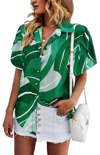 HUXRAKV Casual Imprimée Chemisier Femme Manches Courtes Chic et Élégante Chemisier Boutonnée Fluide Hauts à Revers Manches lanternes Tops,WD40-Vert,M