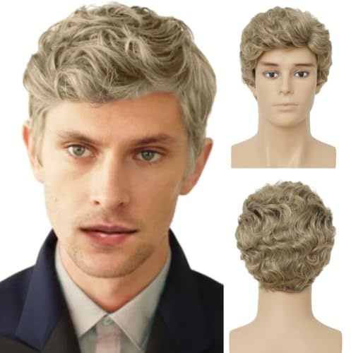 Salaibs Blond Kurz Perücke für Herren Lockig Natürliche flauschige Männerhaar Synthetische Hitzebeständige Faser für Tägliche Perücke Cap