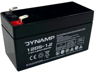 Dynamp 12DS-1.2 12V 1.2Ah VRLA AGM Rechargeable Battery – Maintenance Free Sealed Lead Acid for Alarm Systems, Emergency Lighting, UPS, Toys & Security Equipment - 97 x 43 x 59mm