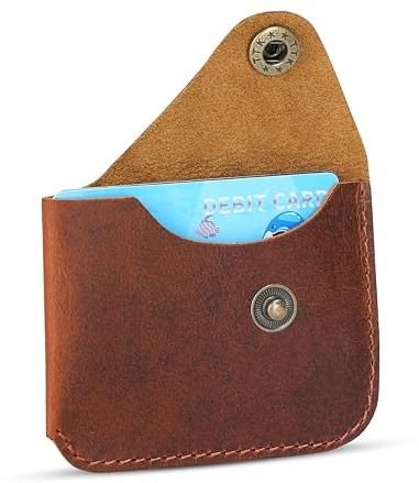 The Antiq Leather Card Holder Minimalist Wallet - Handmade Slim Credit Card Case with Button Closure, Compact Leather Card Case Holds Up to 4 Cards, Tan Leather Credit Card Holder Sleeve 4x3 inches