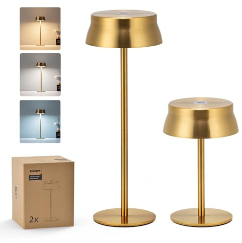 Philips Cordless Table Lamp, Portable Outdoor LED Desk Light, Rechargeable Battery Operated, 2 Adjustable Height, Touch Control & 3 Color Stepless Dimming, Waterproof Lamps for Bedroom, Gold