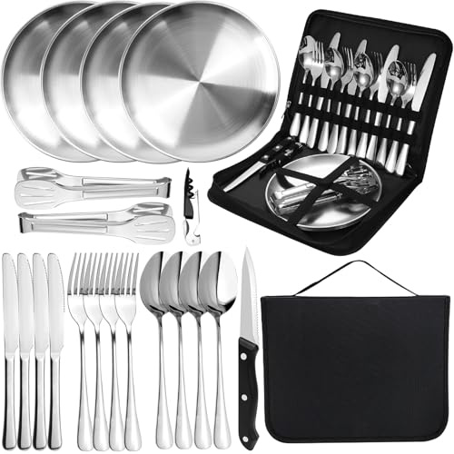 MOMAHUA 20 Piezas Set de Vajilla de Camping 4 Personas Plata,Juego de Cubiertos de Acero Inoxidable con Platos,Cuchillos,Tenedores,Cucharas y Pinza,Incluye Estuche de Transporte