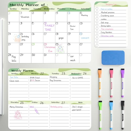 Marsrock Dry Erase Magnetic Calendar for Refrigerator (3 Pack) - Monthly & Weekly & Daily Planner Magnet Whiteboard for Fridge - Shopping,to Do List, Meal/Menu, Schedule Planning Board,Green