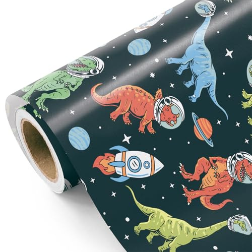RUSPEPA Weltraum-Dinosaurier-Geschenkpapier – Mini-Rolle – 43,2 cm x 5 m – Dino-Astronauten-Raketen-Geburtstagspapier für Jungen, Babypartys und Dino-Fans.