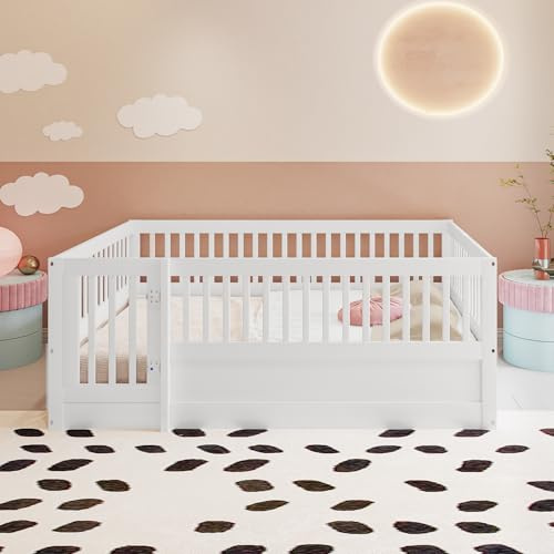 Arhatreya Kinderbett 140x200 cm, Bodenbett mit Gitter und Tür | Ohne Matratze, Holzbett Bettgestell ohne Lattenrost, Bett für Kinder Jungen Mädchen Weiß