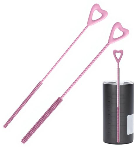 PORUPAEL 2-Pack Silicone Straw Cleaner Brush Set - Multi-Diameter Straw Cleaning Brush with Heart-Shaped Handle, Extra Long Bristle Reusable Straw Cleaners for Glass, Metal, Plastic Drinking Straws