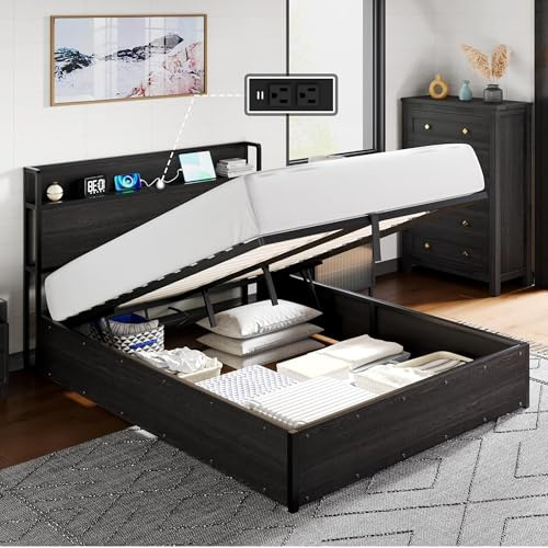 LUXOAK Bett mit Stauraum 140x200cm, Gasdruckfeder, Schwarz | Großer Stauraum mit Gasfedern | Kopfteil mit USB-Anschlüssen | stabiler Rahmen bis 450kg belastbar