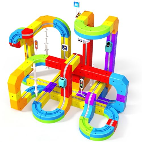 Magneverse 110PCS Fusion Toys Electric Train Set for Kids 3+ Years Old, 3D Magnetic Racing Track with Train, Traffic Signs & STEM Building Blocks, Creative Birthday Gift for Boys & Girls