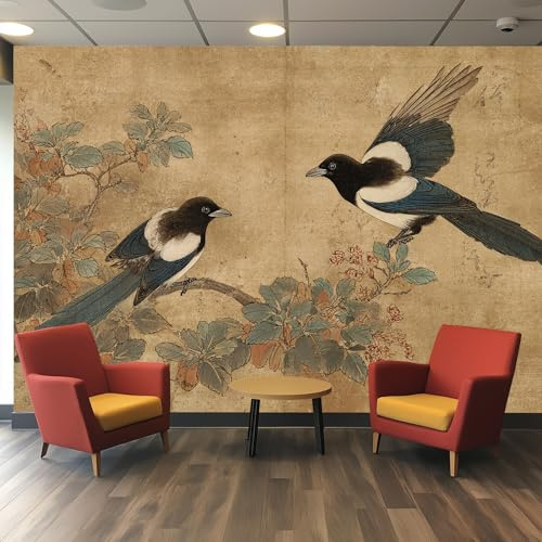VIXENIUM Oriental Wallpaper for Living Room Kitchen Bedroom, Chinese Japanese Vintage Floral Bird Wallpaper Wall Art Stickers Mural 175x250 cm, Oriental Sticker for Walls Decor