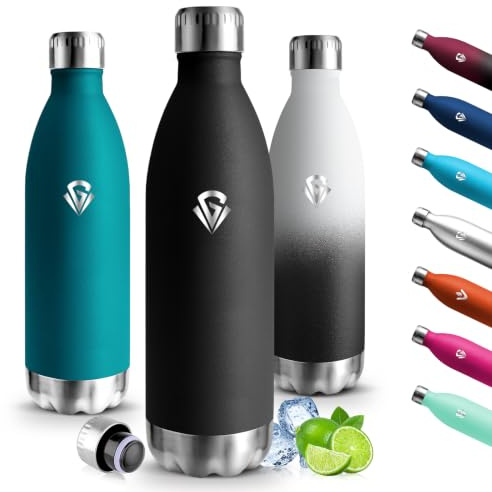 Motswedi Borraccia 1 litro, 18/8 Acciaio Inox, Borraccia Termica, Riutilizzabile, Borracce Termiche, a Prova di Perdita, Bottiglia acqua per Sport, Yoga, Palestra, Ufficio - Nero puro