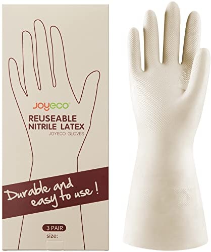 JOYECO Rubber Gloves Nitrile Latex Reusable Kitchen Gloves for Cooking Dishwashing Cleaning (Pack - 3, Large ）